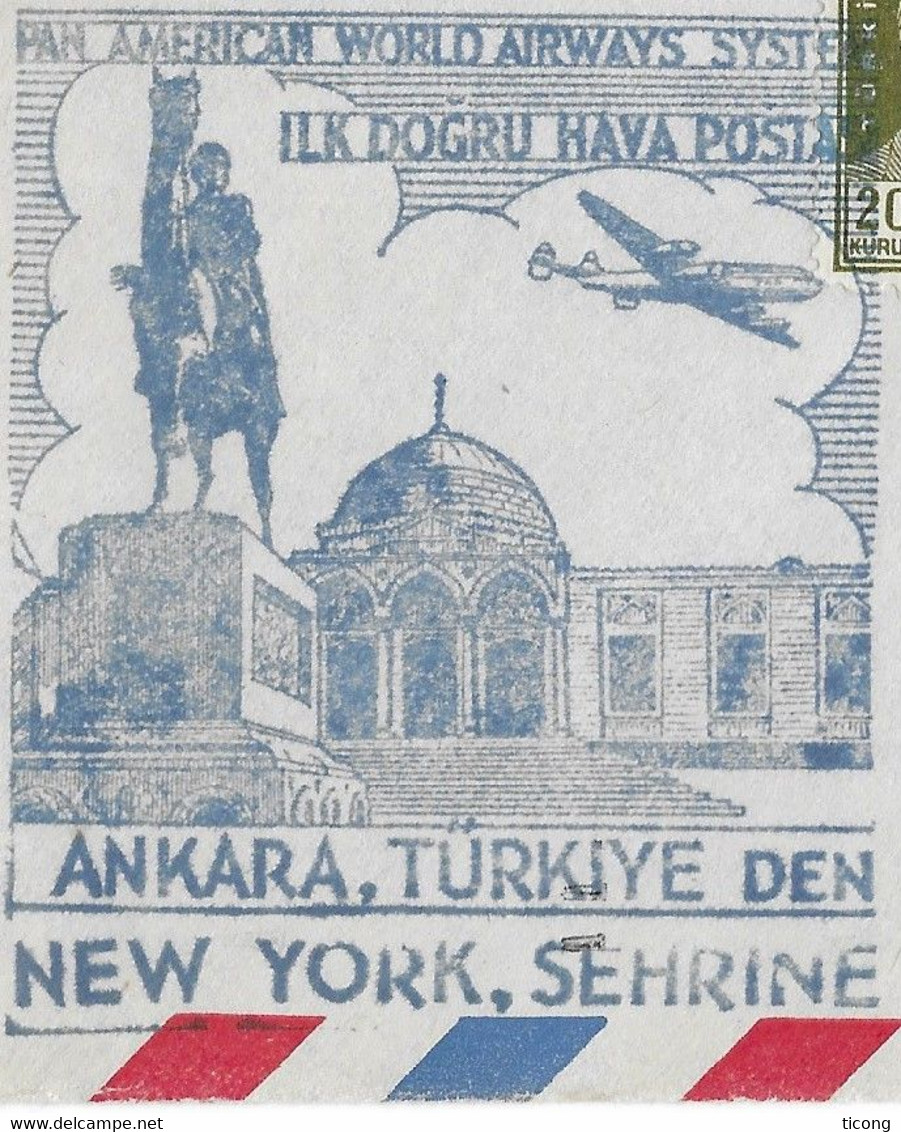 TURQUIE 1947 - POSTE AERIENNE VOL ANKARA NEW YORK - ENVELOPPE ILLUSTREE - CACHET D ARRIVEE, CARTON PAN AMERICAN, - Luftpost