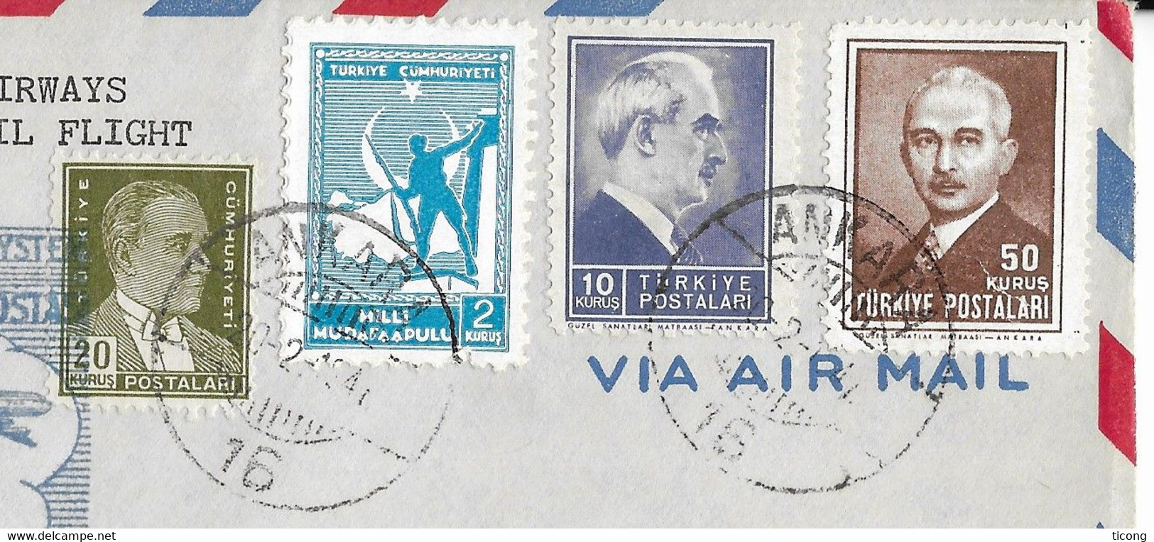 TURQUIE 1947 - POSTE AERIENNE VOL ANKARA NEW YORK - ENVELOPPE ILLUSTREE - CACHET D ARRIVEE, CARTON PAN AMERICAN, - Airmail