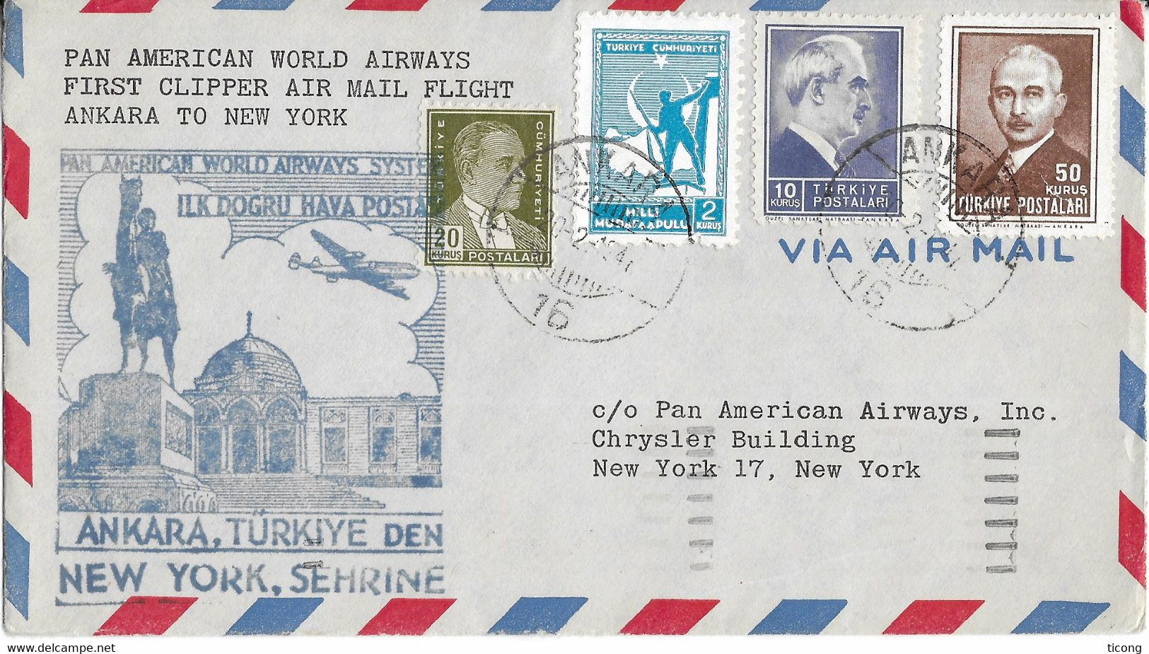 TURQUIE 1947 - POSTE AERIENNE VOL ANKARA NEW YORK - ENVELOPPE ILLUSTREE - CACHET D ARRIVEE, CARTON PAN AMERICAN, - Luchtpost