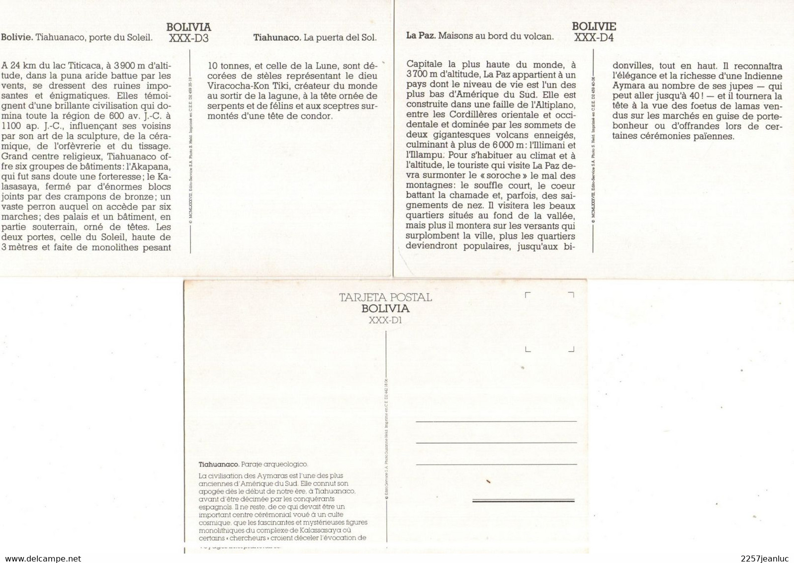3 CPM Bolivie Bolivia - La Paz & Tiahuanaco Cartes  Edito Service S.A 1979 - Bolivie