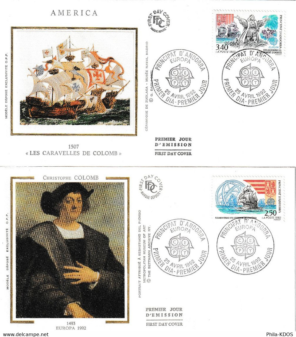 " EUROPA 1992 : CHRISTOPHE COLOMB " Sur 2 Enveloppes 1er Jour Sur Soie N° YT416 417 Parfait état FDC - Christoffel Columbus