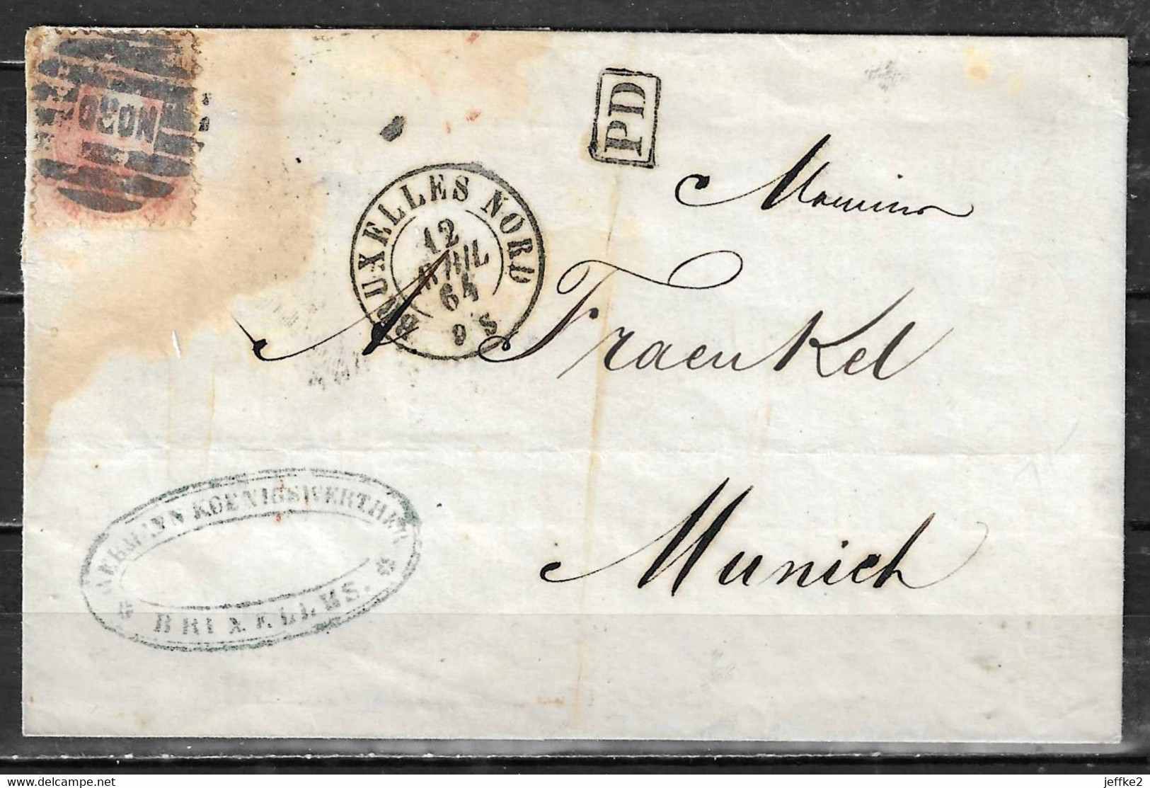 Lettre De 1864 De Bruxelles Pour Munich (Allemagne) - Affranchissement : 16 Oblit. à Barres NORD - LOOK!!!! - Balkenstempel: Bahnpoststempel