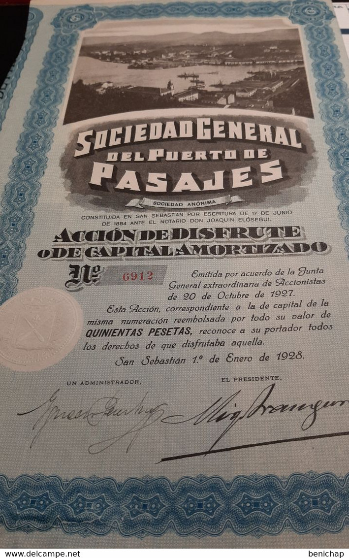 Sociedad General Del Puerto De Pasajes - Accion De Disfrute O De Capital Amortizado - San Sebastian 1928. - Industry