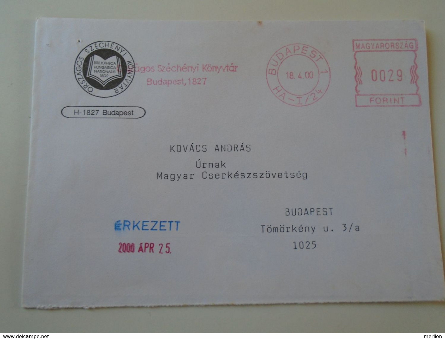 D193961 Hungary   Cover - EMA Red Meter Freistempel  2000 Budapest - Széchenyi Könyvtár - Library Bibliothek Scouts Pfad - Timbres De Distributeurs [ATM]