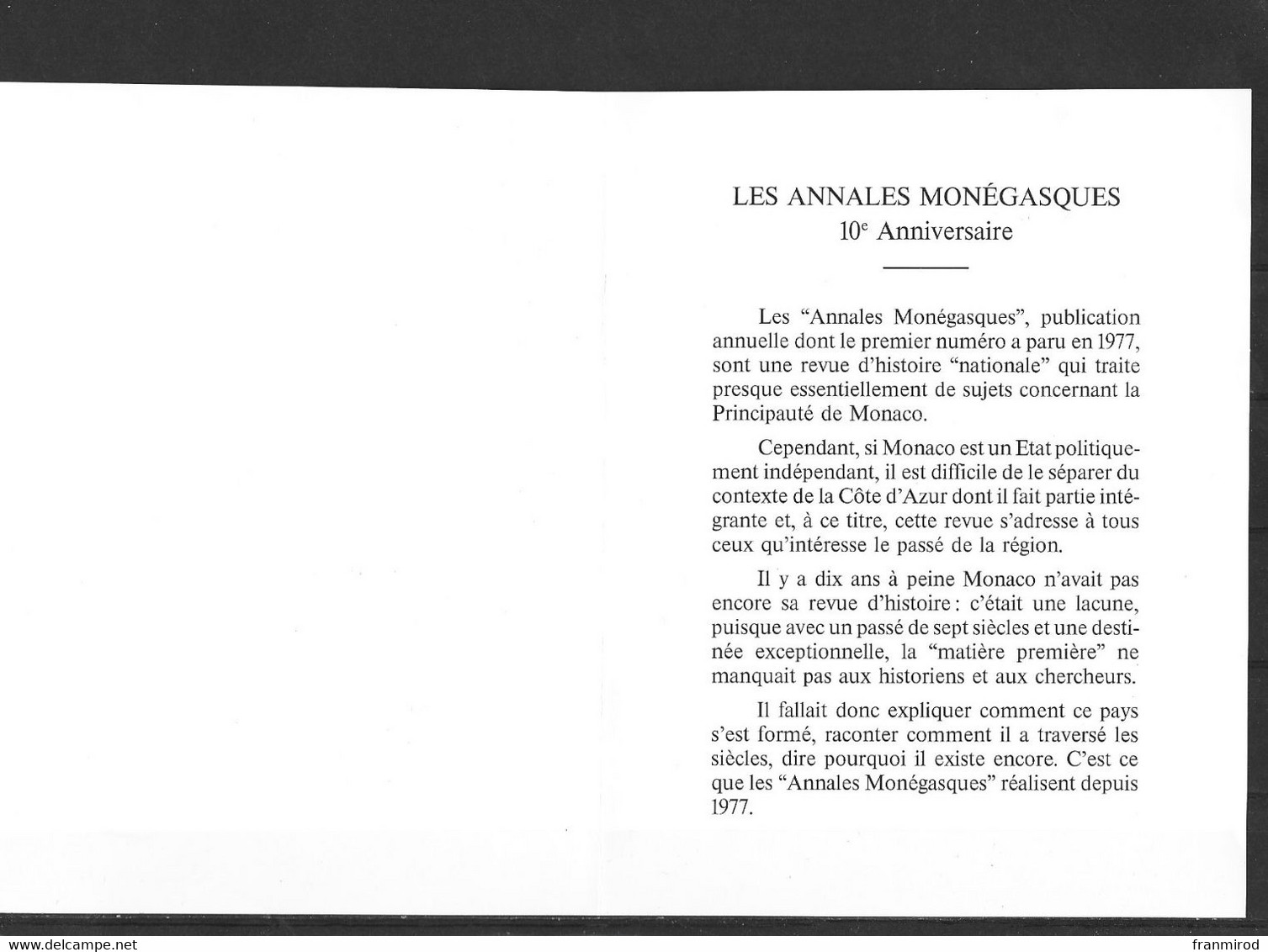 Monaco Document Revue D Histoire De Monaco 10 Ieme Anniversaire Des Annales Monegasques - Briefe U. Dokumente