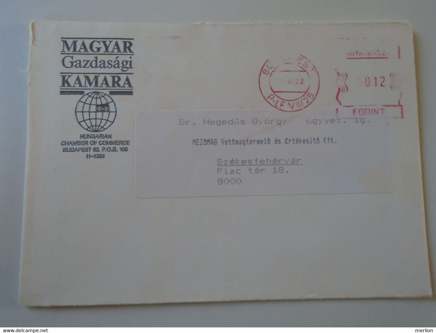 D193968  Hungary Cover -EMA Red Meter Freistempel - 1991 Budapest Magyar Gazdasági Kamara Hungarian Chamber Of Commerce - Timbres De Distributeurs [ATM]