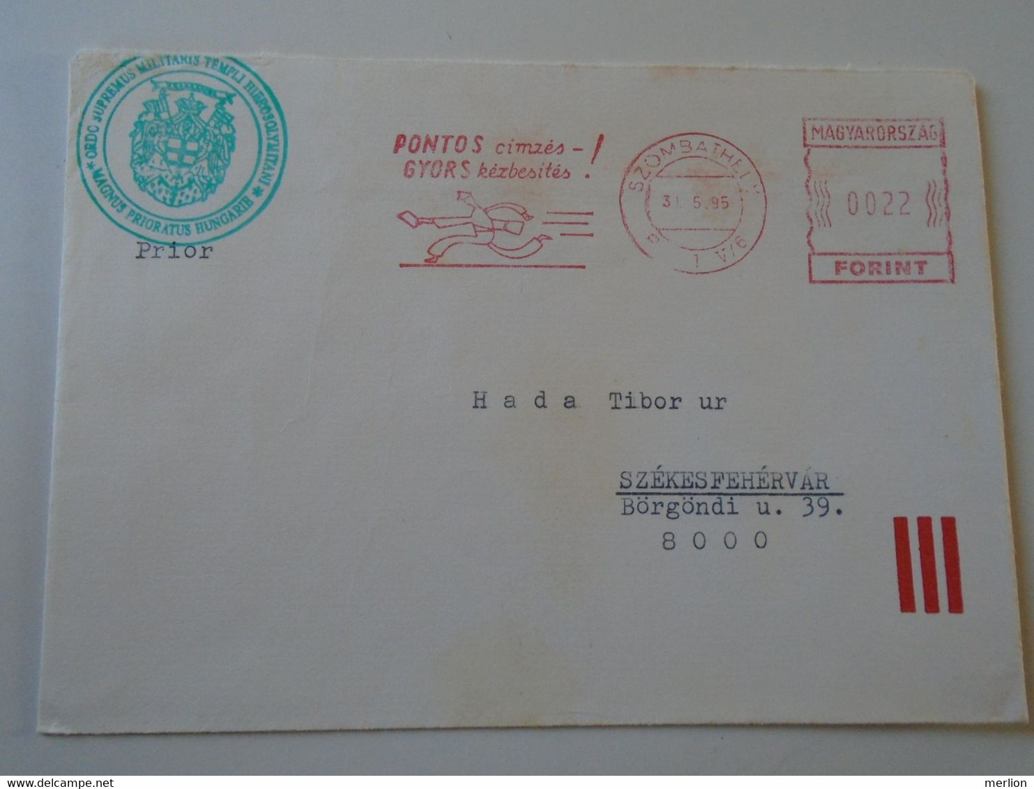 D193975 Hungary Cover - EMA Red Meter Freistempel 1995 Szombathely - Ordo Supremus Militaris Templi Hierosolymitanti - Timbres De Distributeurs [ATM]