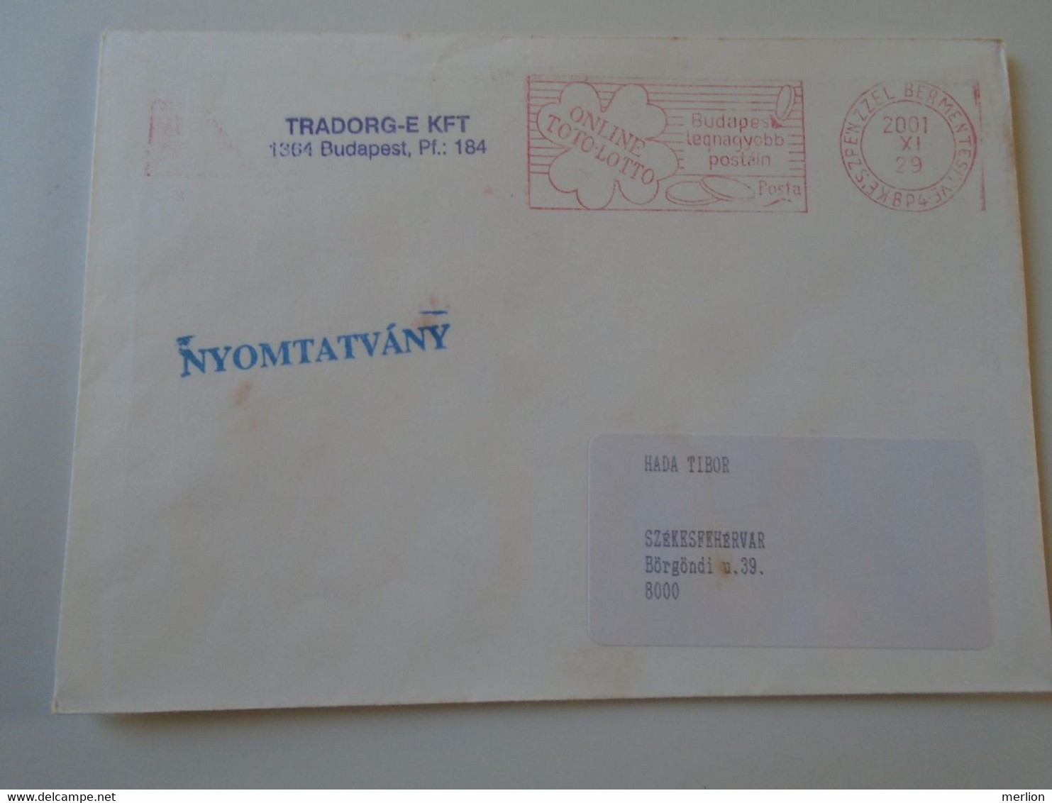 D193977 Hungary   Cover - EMA Red Meter Freistempel - 2001 BP4  Online Toto-Lotto  Lottery - Automaatzegels [ATM]