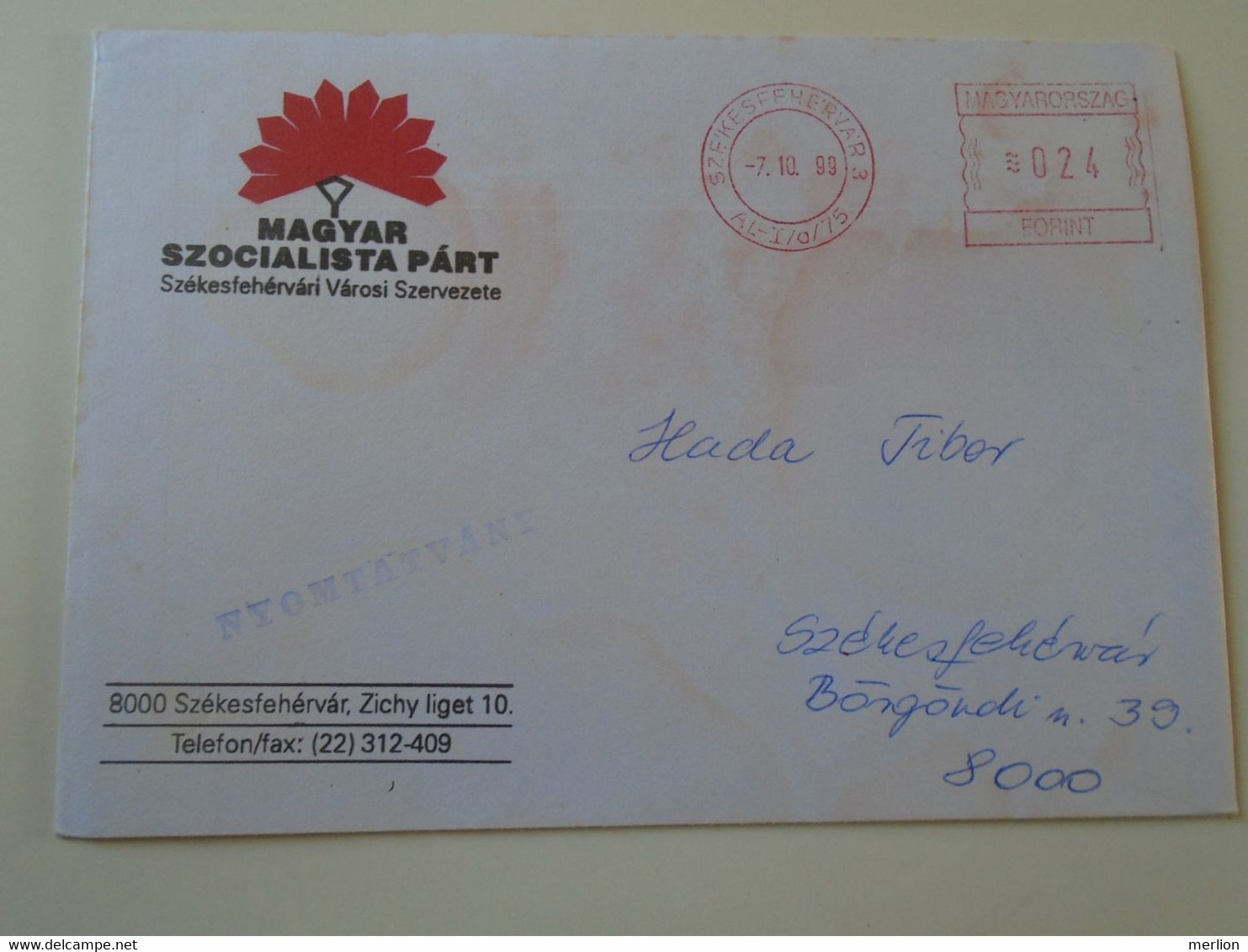 D193978 Hungary   Cover - EMA Red Meter Freistempel - 1999  MSZP - Viñetas De Franqueo [ATM]