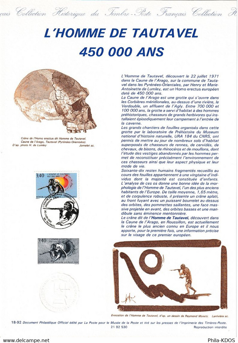 " L'HOMME DE TAUTAVEL " Sur Document Philatélique Officiel 1er Jour De 1992 N° YT 2759. Parfait état. DPO - Préhistoire