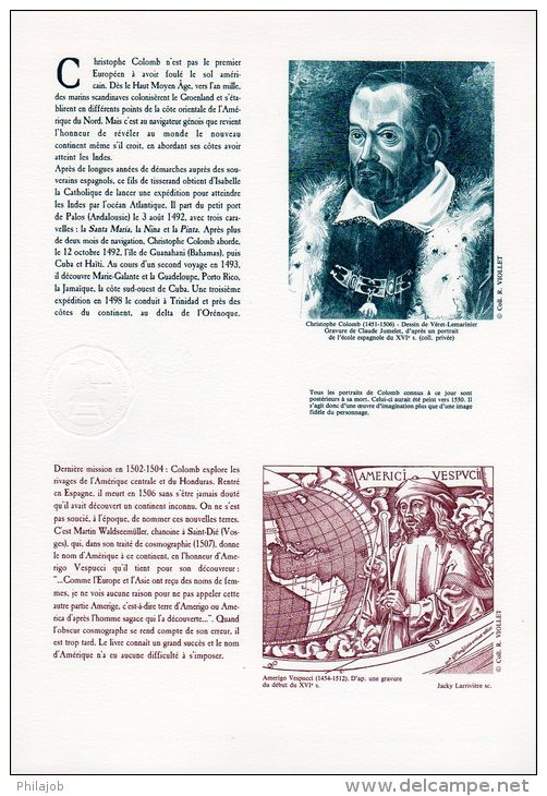 " EUROPA 1992 :  DECOUVERTE DE L'AMERIQUE / COLOMB "sur Document Officiel De 1992 4 Pages 2 X N° YT 2755 2756 DPO - Christopher Columbus
