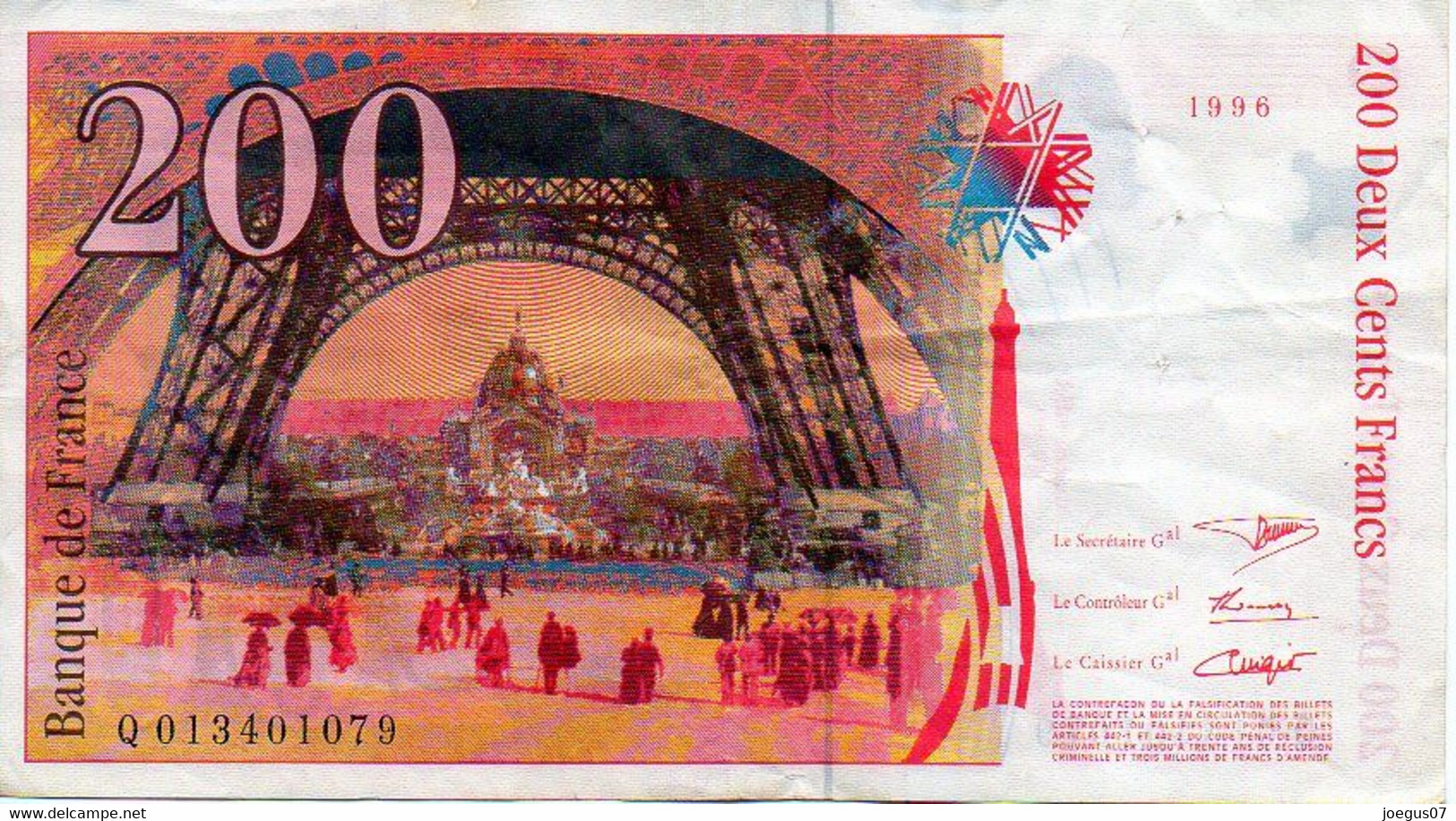 Billet 200 Francs Gustave EIFFEL Année 1996 - Q 013401079 - 200 F 1995-1999 ''Eiffel''