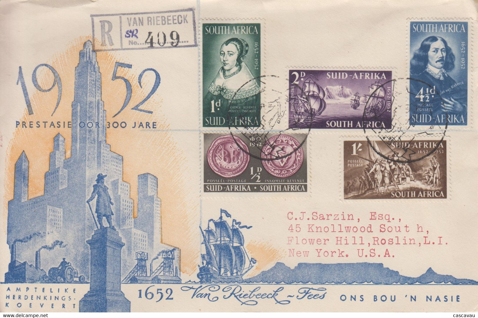 Env  Recommandée   FDC  1er  Jour  AFRIQUE  DU  SUD   Tricentenaire  Fondation  Du  CAP  Par  Jan  VAN  RIEBEECK   1952 - FDC