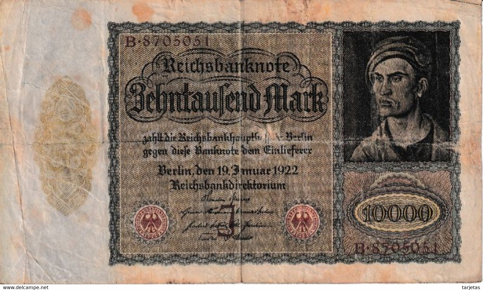 BILLETE DE ALEMANIA DE 10000 MARK DEL AÑO 1922 CON LETRA J (BANKNOTE) - 10.000 Mark