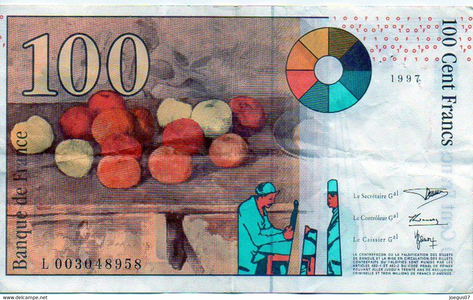 Billet 100 Francs Paul CEZANNE Année 1997 - L 003048958 - 100 F 1997-1998 ''Cézanne''