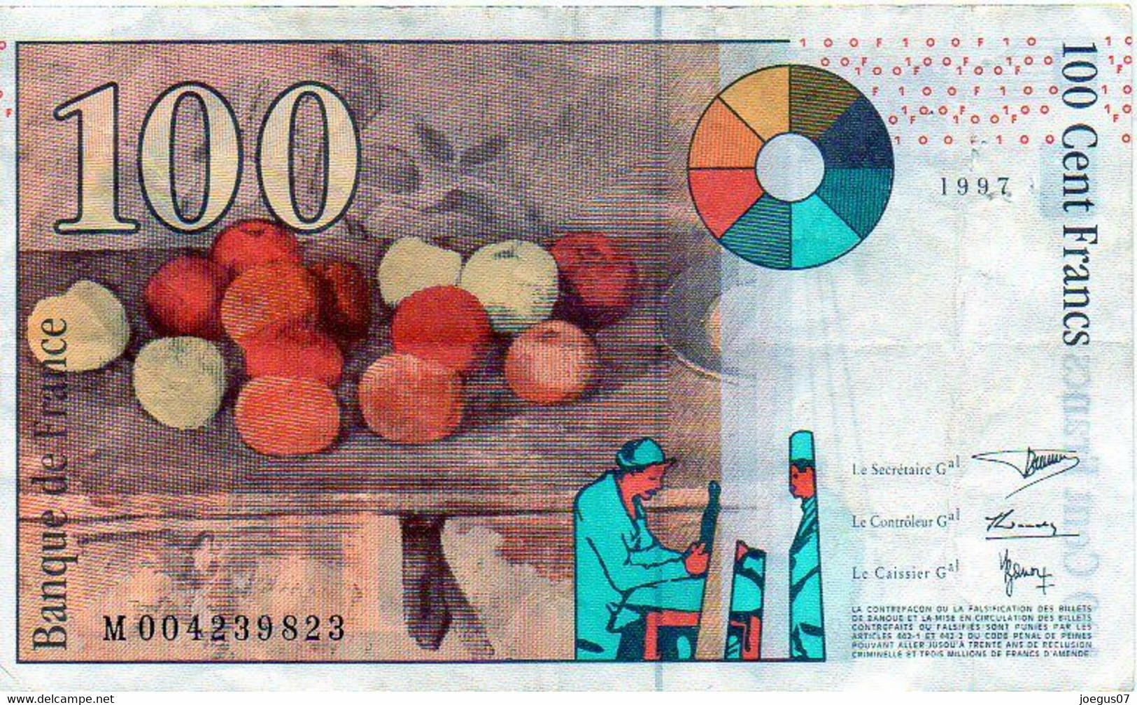 Billet 100 Francs Paul CEZANNE Année 1997 - M 004239823 - 100 F 1997-1998 ''Cézanne''