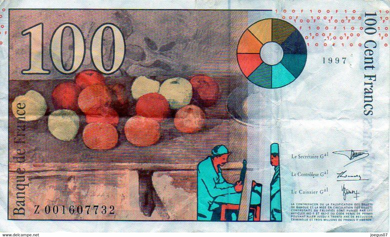 Billet 100 Francs Paul CEZANNE Année 1997 - Z 001607732 - 100 F 1997-1998 ''Cézanne''