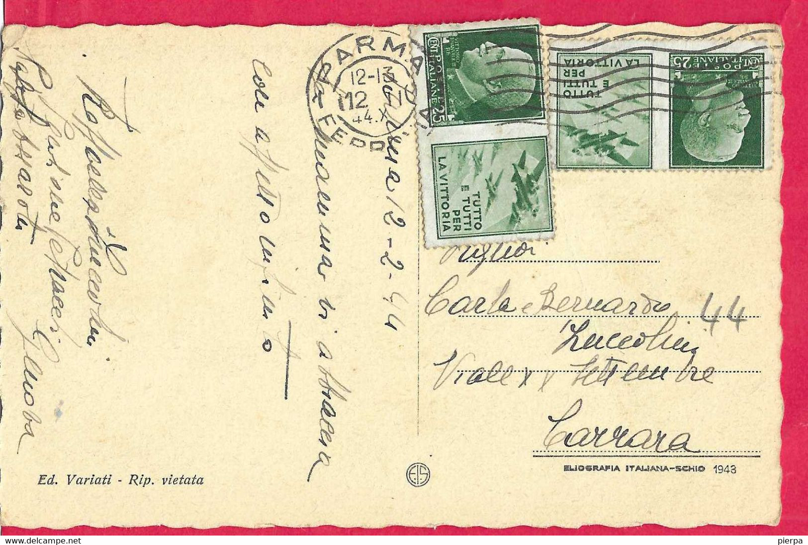 STORIA POSTALE  R.S.I. - CARTOLINA AFFRANCATA CON COPPIA PROPAGANDA (AVIAZIONE) C. 25 DA PARMA*12.2.44* - Oorlogspropaganda