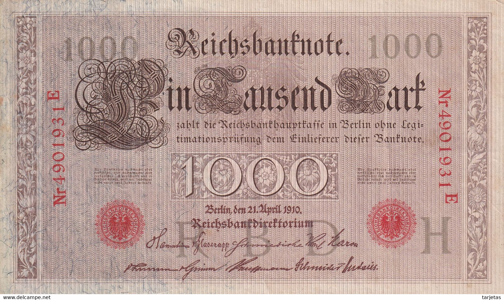 BILLETE DE ALEMANIA DE 1000 MARK DEL AÑO 1910 LETRA H (BANK NOTE) - 1.000 Mark