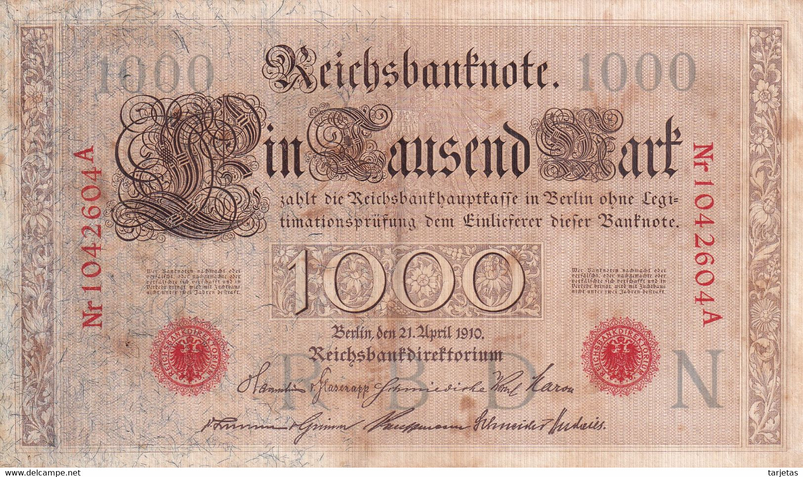 BILLETE DE ALEMANIA DE 1000 MARK DEL AÑO 1910 LETRA N (BANK NOTE) - 1.000 Mark