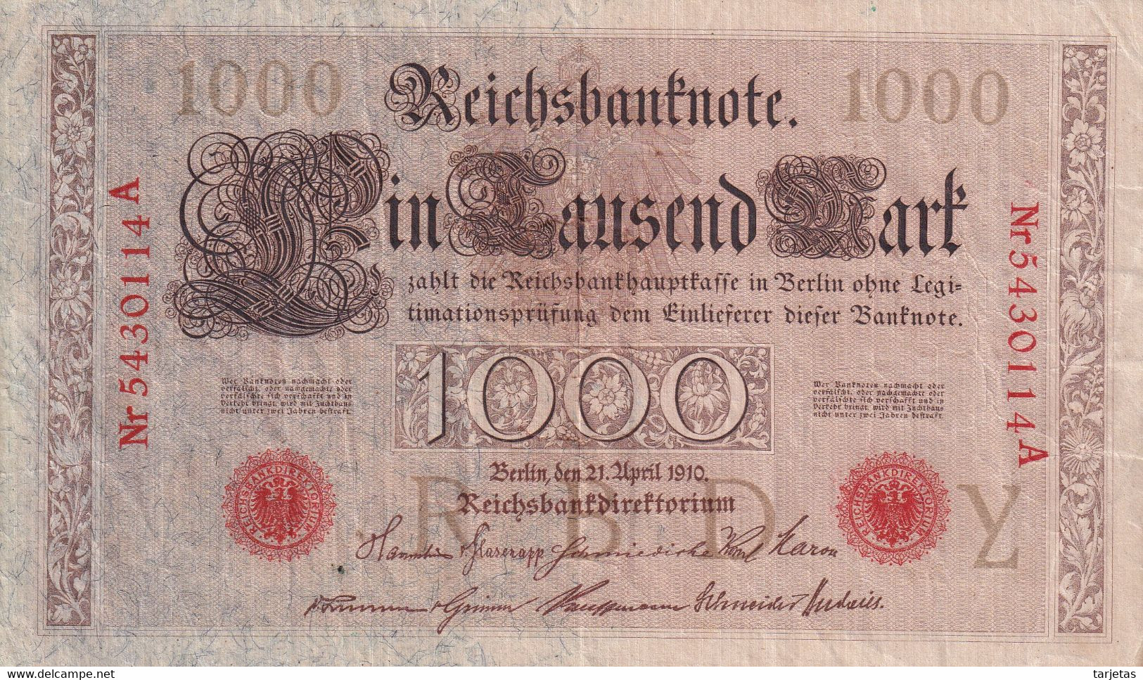 BILLETE DE ALEMANIA DE 1000 MARK DEL AÑO 1910 LETRA YZ (BANK NOTE) - 1.000 Mark