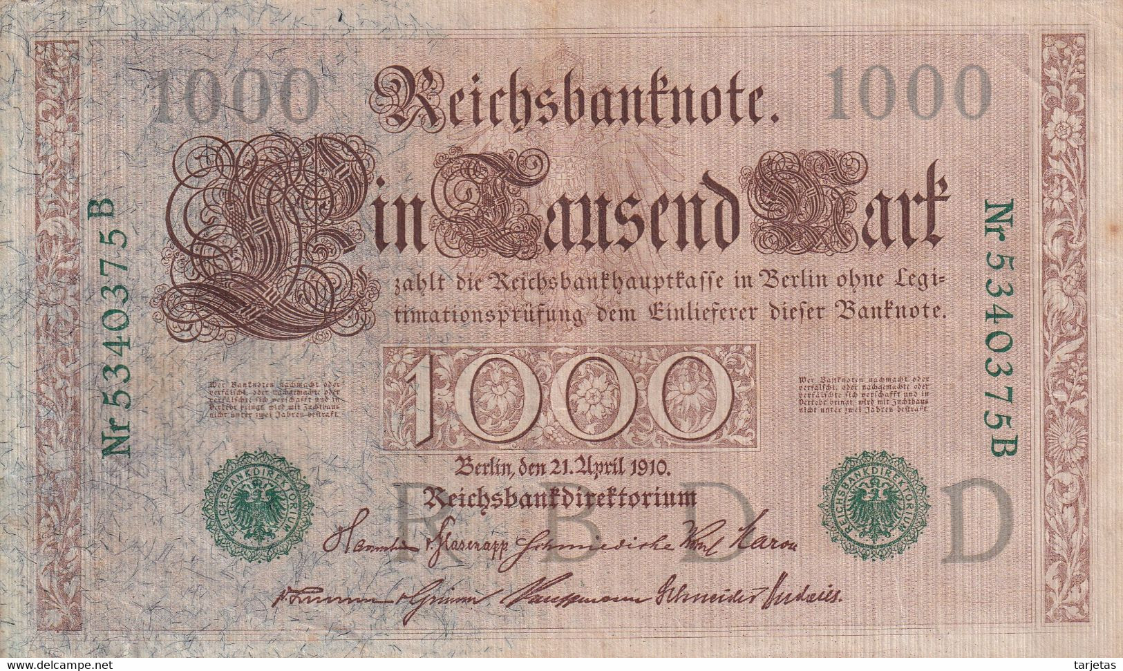 BILLETE DE ALEMANIA DE 1000 MARK DEL AÑO 1910 LETRA D  (BANK NOTE) - 1.000 Mark