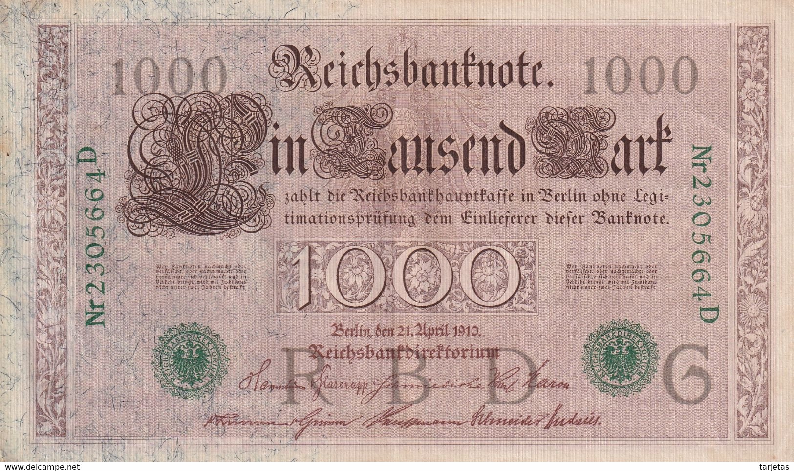 BILLETE DE ALEMANIA DE 1000 MARK DEL AÑO 1910 LETRA G (BANK NOTE) - 1000 Mark