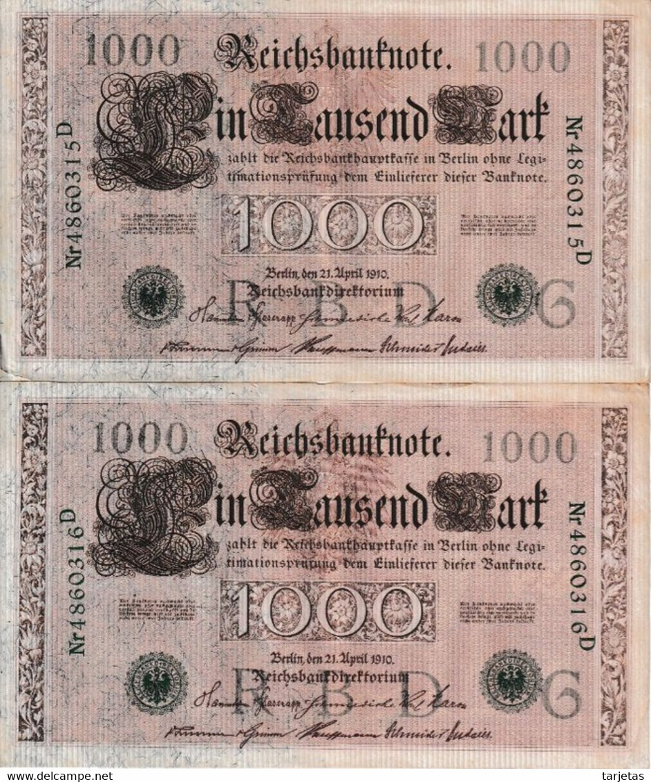 PAREJA CORRELATIVA DE ALEMANIA DE 1000 MARK DEL AÑO 1910 LETRA G EN CALIDAD EBC (XF) (BANK NOTE) - 1.000 Mark