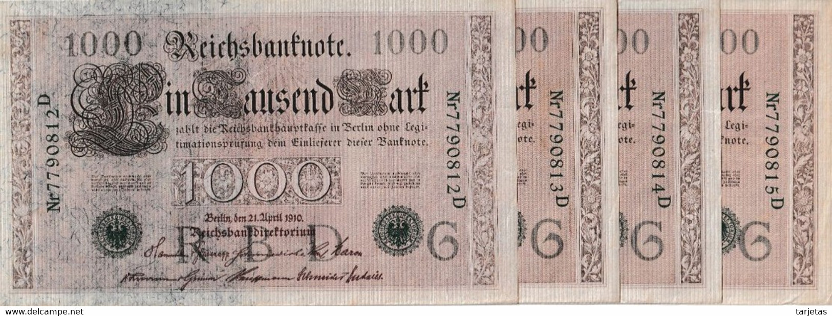 CUARTETO CORRELATIVO DE ALEMANIA DE 1000 MARK DEL AÑO 1910 LETRA G EN CALIDAD EBC (XF) (BANK NOTE) - 1000 Mark