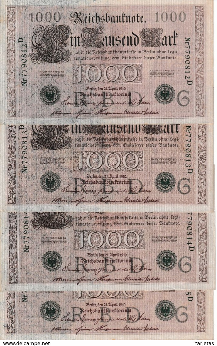 CUARTETO CORRELATIVO DE ALEMANIA DE 1000 MARK DEL AÑO 1910 LETRA G EN CALIDAD EBC (XF) (BANK NOTE) - 1000 Mark