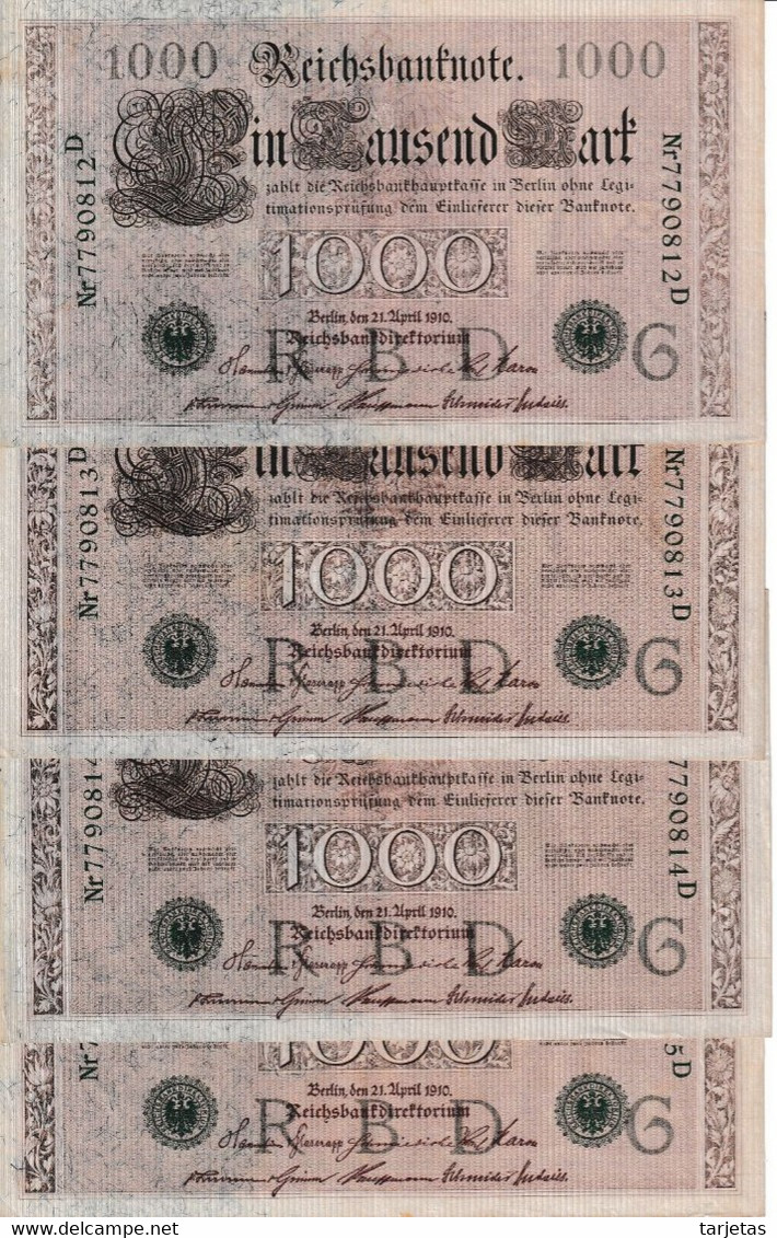 CUARTETO CORRELATIVO DE ALEMANIA DE 1000 MARK DEL AÑO 1910 LETRA G EN CALIDAD EBC (XF) (BANK NOTE) - 1.000 Mark