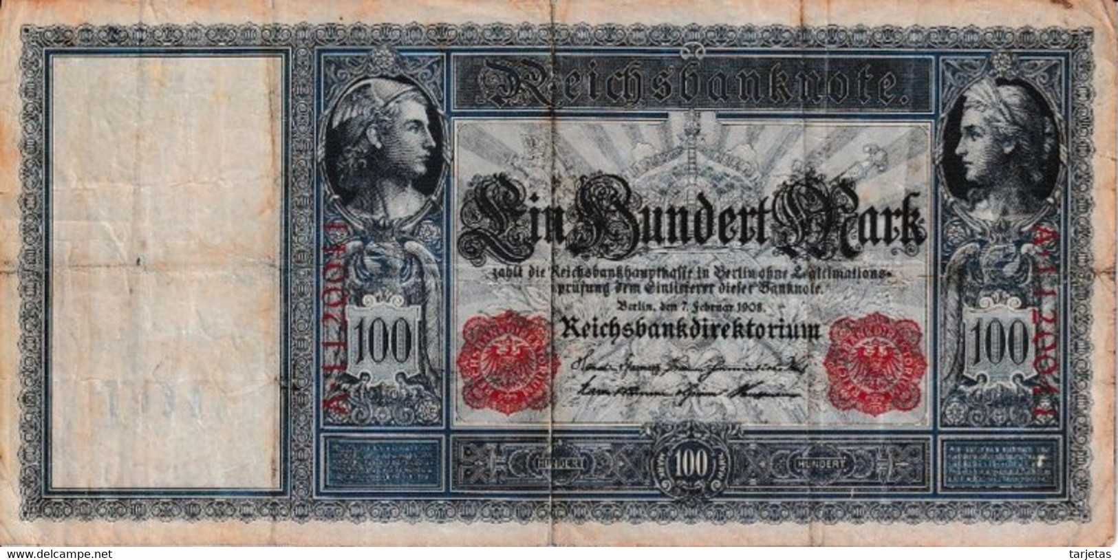 BILLETE DE ALEMANIA DE 100 DE MARK DEL AÑO 1908   (BANK NOTE) - 100 Mark