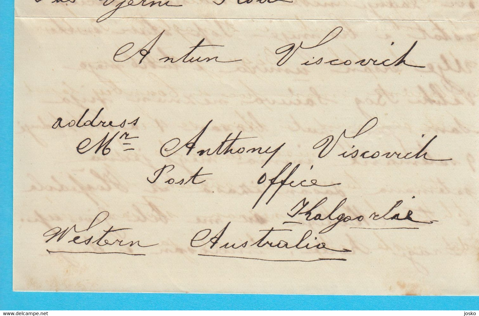 FIMISTON KALGOORLIE (Western Australia) old letter 1904 sent Mr. Viscovich, proprietor of California Cafe-Boulder Block