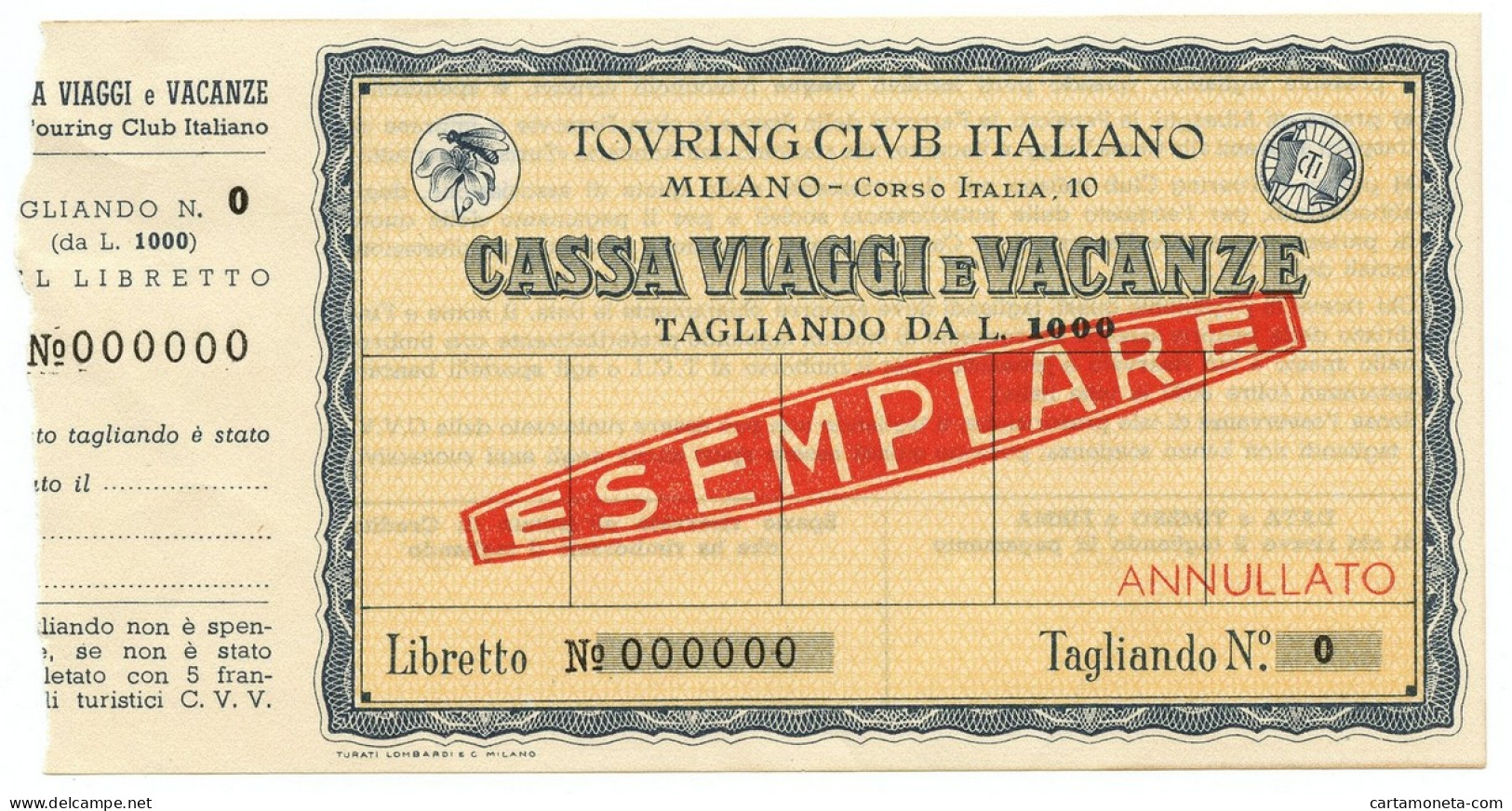 1000 LIRE CAMPIONE CON MATRICE TOURING CLUB ITALIANO CASSA VIAGGI MILANO SUP - [ 7] Errores & Variedades