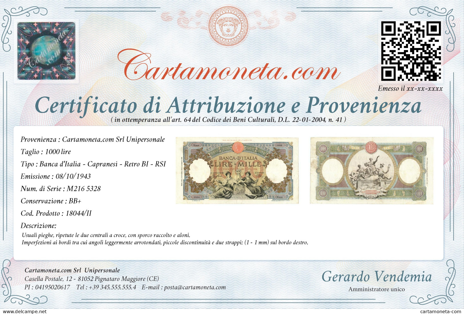 1000 LIRE CAPRANESI REPUBBLICHE MARINARE REGINE RETRO BI RSI 08/10/1943 BB+ - Sonstige