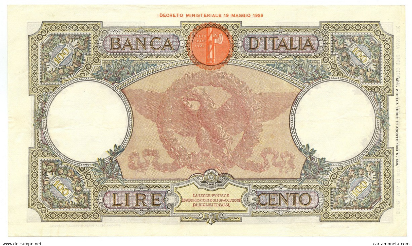 100 LIRE CAPRANESI AQUILA ROMANA TESTINA FASCIO L'AQUILA 21/11/1942 SPL - Regno D'Italia – Autres