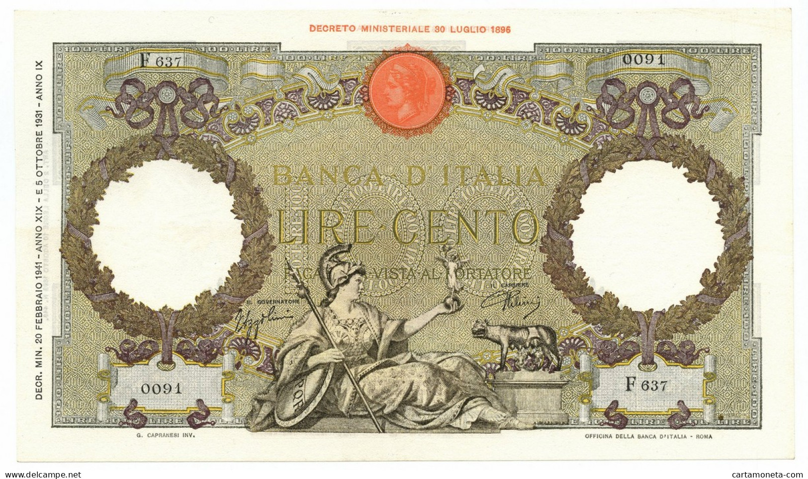 100 LIRE CAPRANESI AQUILA ROMANA TESTINA FASCIO ROMA 20/02/1941 SPL - Regno D'Italia – Other