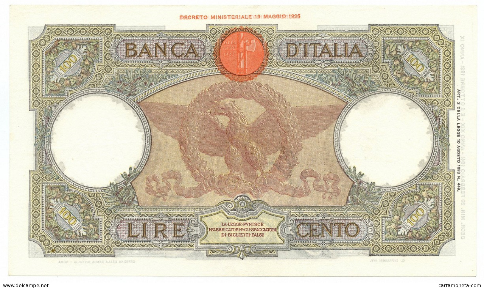 100 LIRE CAPRANESI AQUILA ROMANA TESTINA FASCIO ROMA 20/02/1941 SPL - Regno D'Italia – Autres