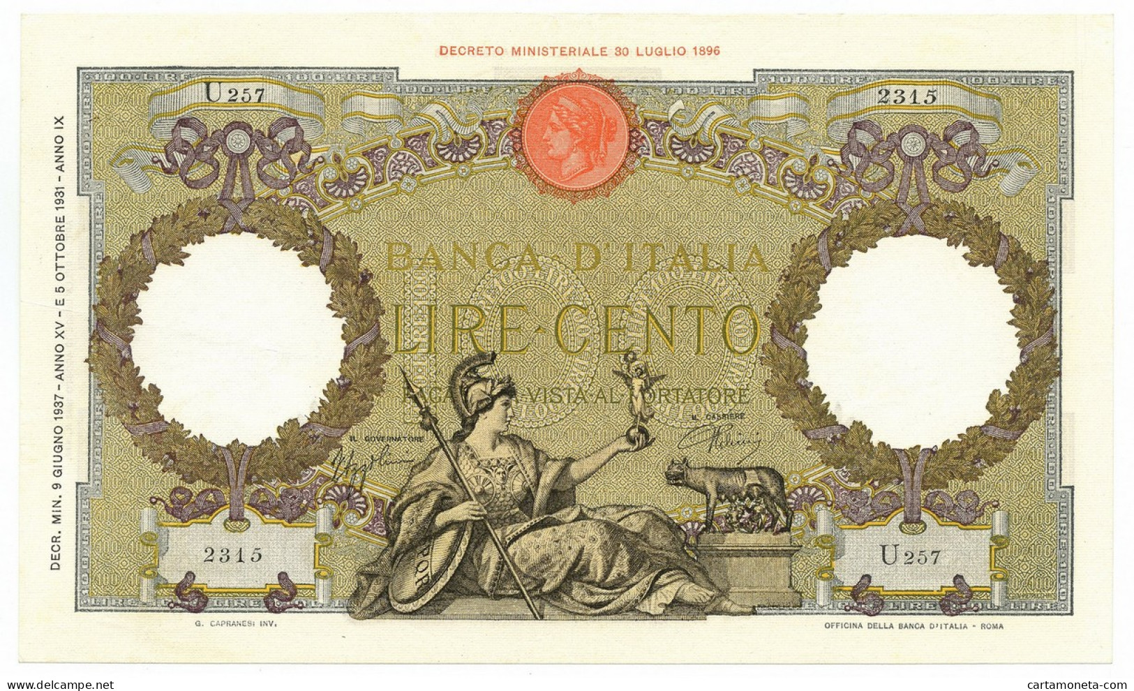 100 LIRE CAPRANESI AQUILA ROMANA TESTINA FASCIO ROMA 09/06/1937 SPL/SPL+ - Regno D'Italia – Autres