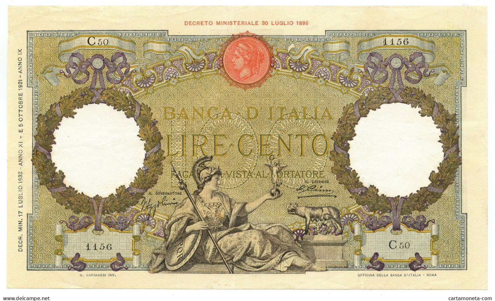 100 LIRE CAPRANESI AQUILA ROMANA TESTINA FASCIO ROMA 17/07/1933 SPL- - Regno D'Italia - Altri