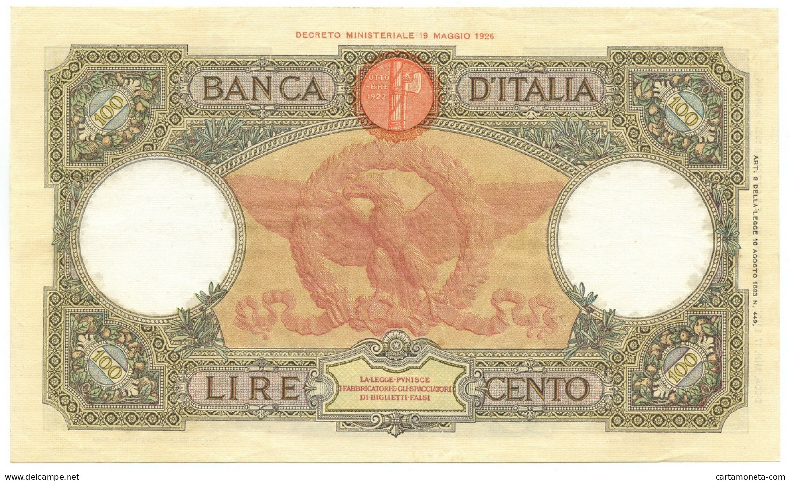 100 LIRE CAPRANESI AQUILA ROMANA TESTINA FASCIO ROMA 17/07/1933 SPL- - Regno D'Italia – Other