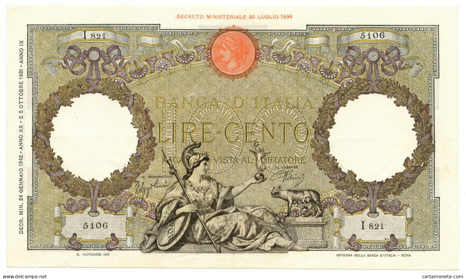 100 LIRE CAPRANESI AQUILA ROMANA FASCIO ROMA (L'AQUILA) 24/01/1942 SPL - Regno D'Italia – Other