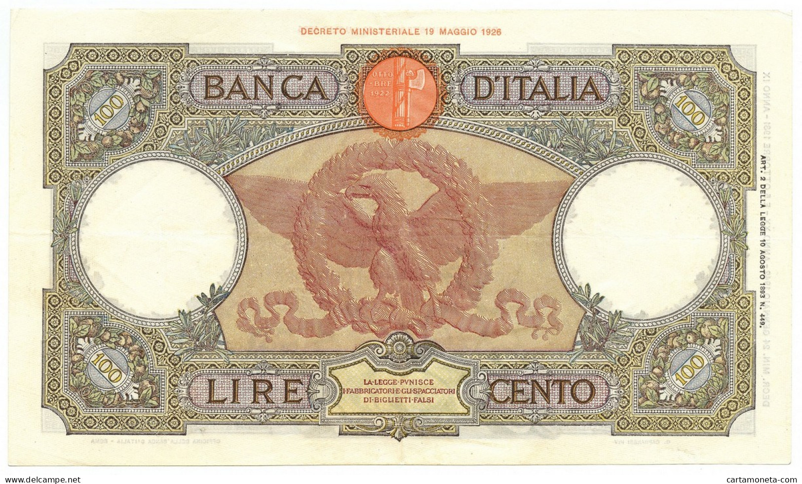 100 LIRE CAPRANESI AQUILA ROMANA FASCIO ROMA (L'AQUILA) 24/01/1942 SPL - Regno D'Italia – Other