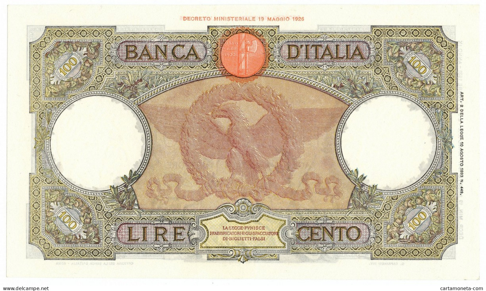 100 LIRE CAPRANESI AQUILA ROMANA FASCIO ROMA (L'AQUILA) 19/08/1941 SPL - Regno D'Italia - Altri