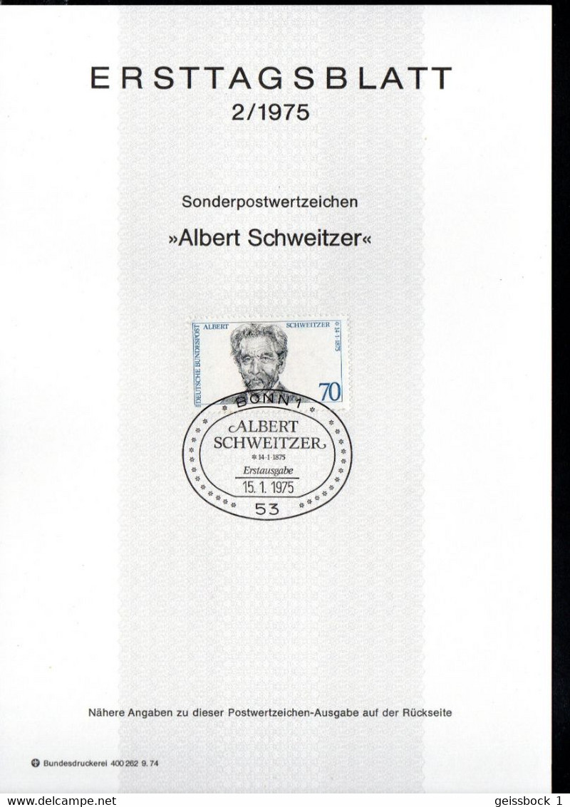 Bund 1975: Mi.-Nr. 830  ETB 2/1975:   Albert Schweitzer     (H004) - 1974-1980