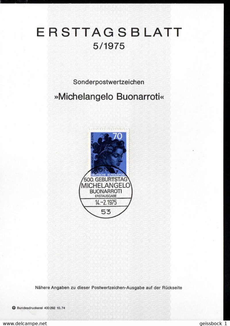 Bund 1975: Mi.-Nr. 833  ETB 5/1975:  Michelangelo Buonarroti     (H004) - 1974-1980