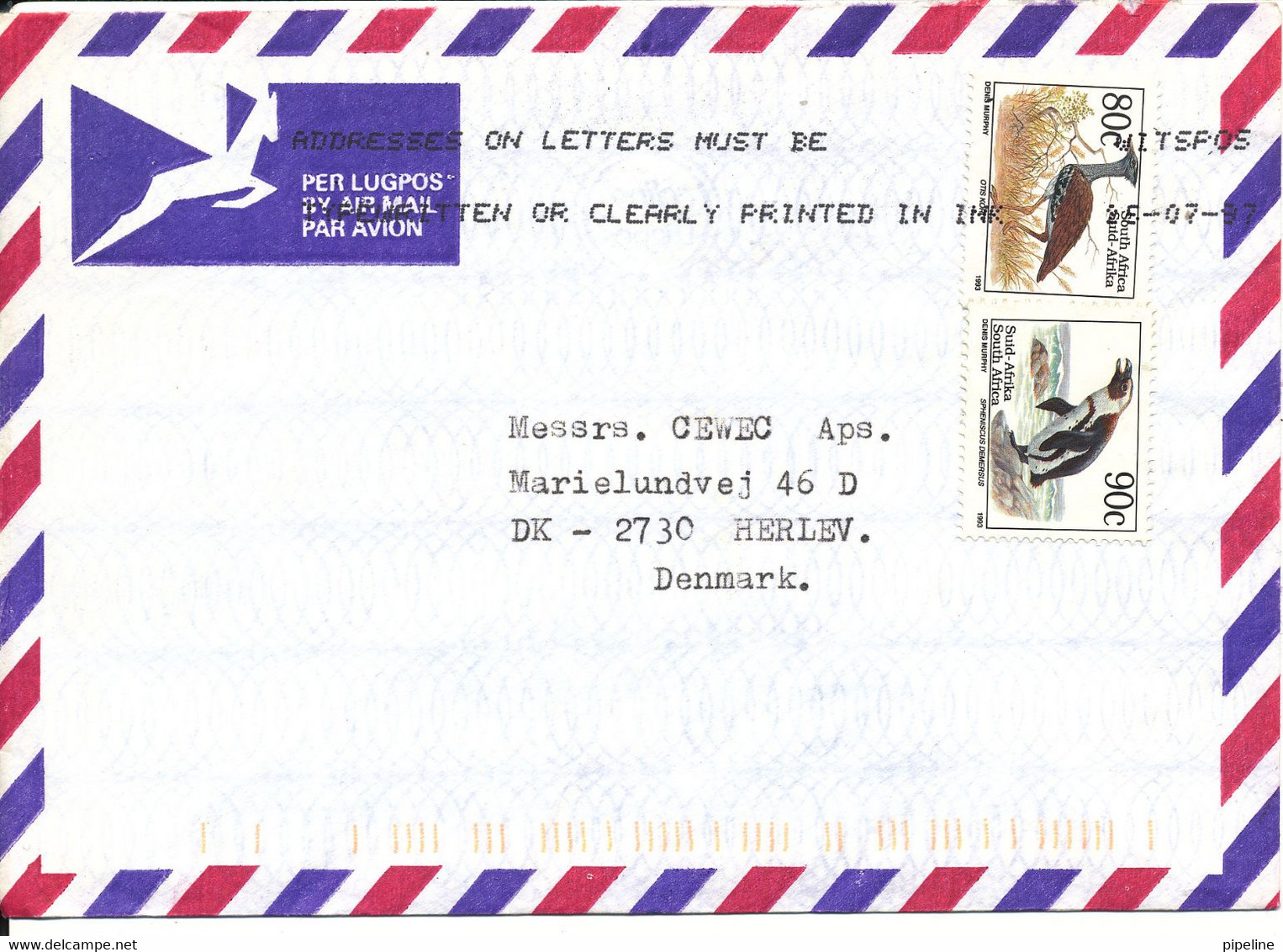 South Africa Air Mail Cover Sent To Denmark 25-7-1997 Topic Stamps - Poste Aérienne