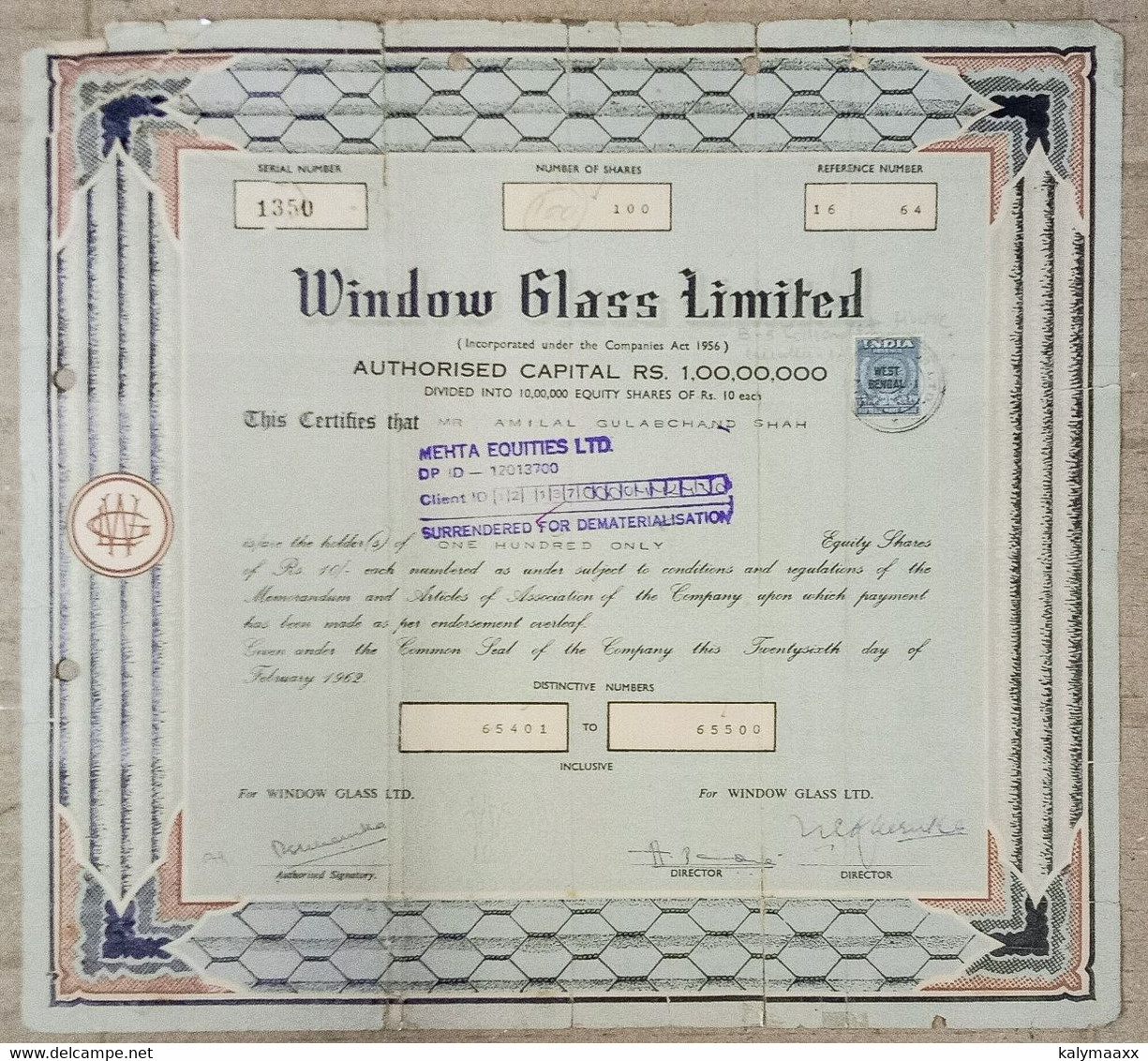 INDIA 1962 WINDOW GLASS LIMITED, GLASS MANUFACTURER, GLASS INDUSTRY.....SHARE CERTIFICATE - Industrie