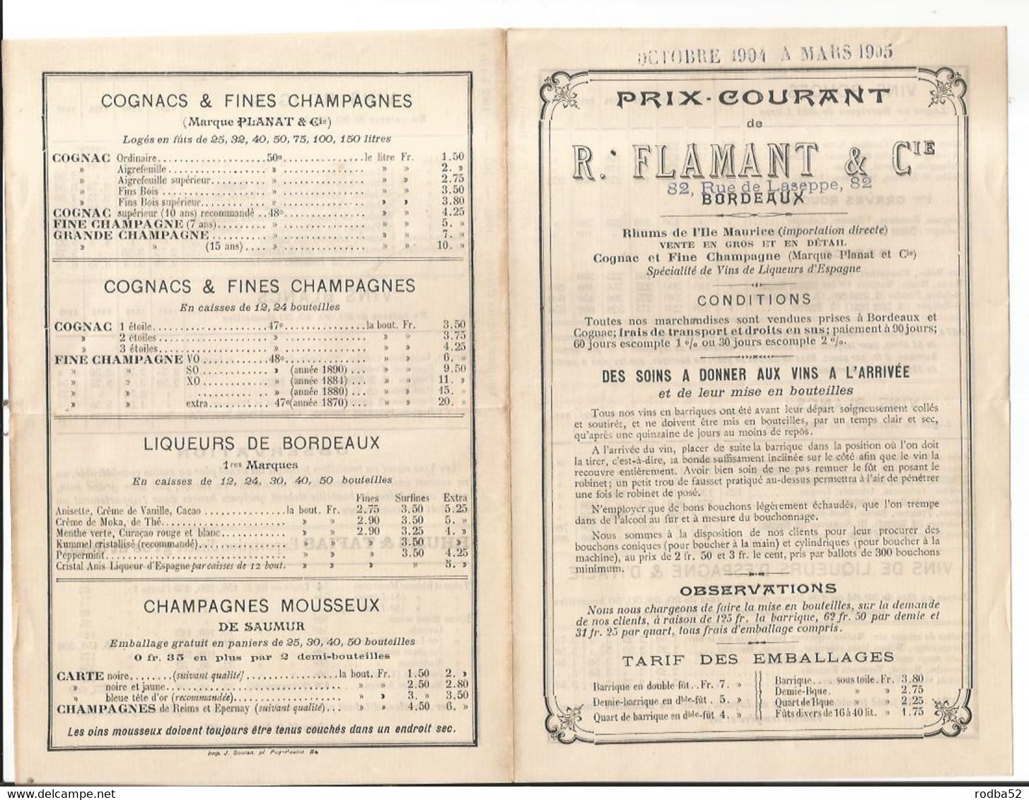 Publicité Ancienne  -- R. Flamant à Bordeaux - Vins Et Spiritueux - Prix Courants - Publicités