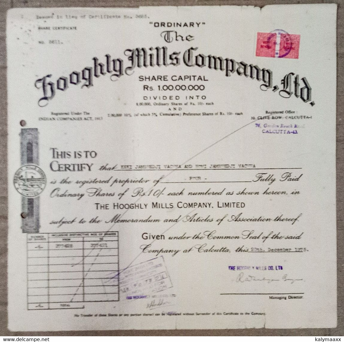 INDIA 1975 THE HOOGHLY MILLS COMPANY LIMITED, JUTE INDUSTRY, JUTE MILLS....SHARE CERTIFICATE - Industrie